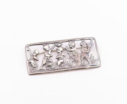 925 Sterling Silver  Vintage Oxidized Children Scene Square Brooch Pin  BP4649