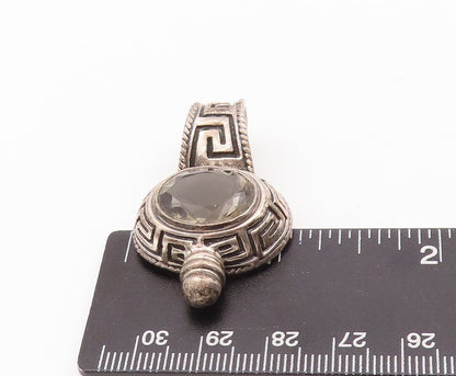 925 Sterling Silver Vintage Pendant Oval Cut Smokey Quartz Maze Carved  PT23401