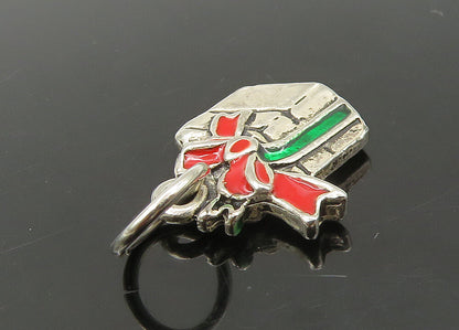 925 Sterling Silver  Vintage Enamel Christmas Gift Box Pendant  PT18948