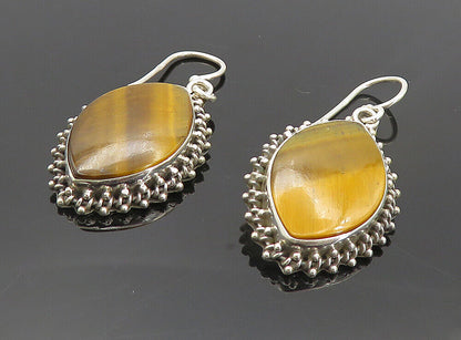 925 Sterling Silver  Vintage Tiger's Eye Pointed Oval Dangle Earrings  EG3525