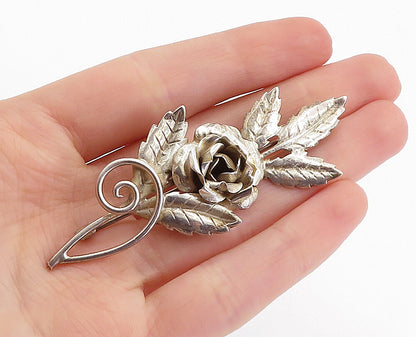 925 Sterling Silver  Vintage Shiny Sculpted Rose Flower Brooch Pin  BP2231