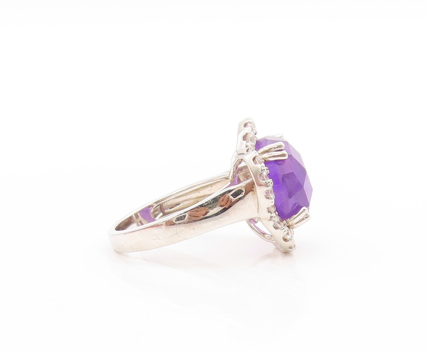 925 Sterling Silver Vintage Ring Amethyst & CZ Halo Floral Band  Sz 6  RG33731