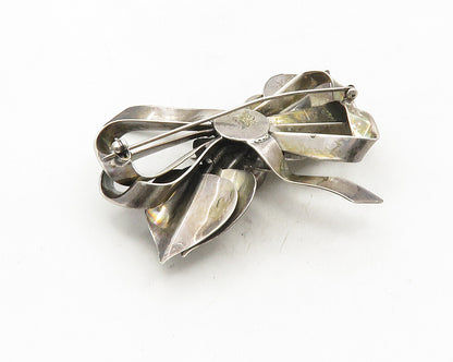 925 Sterling Silver  Vintage Oxidized Floral Bow Tied Ribbon Brooch Pin BP3792