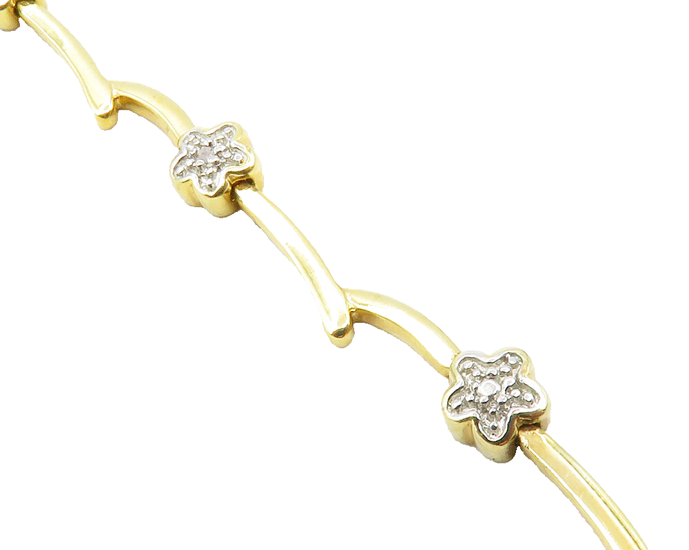 925 Sterling Silver  Genuine Diamonds 2 Tone Floral Bar Chain Bracelet  BT4812