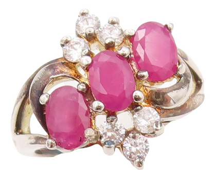 925 Sterling Silver Vintage Ring Swirly Floral Carved Ruby & CZ  Sz 7  RG30175