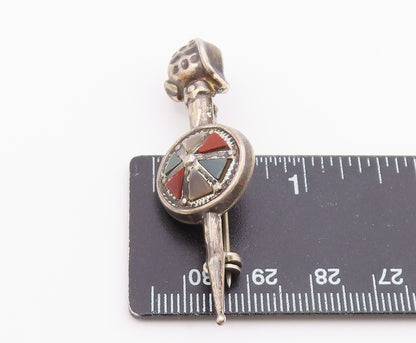 925 Sterling Silver Vintage Antique Carnelian Sword & Shield Brooch Pin BP8303
