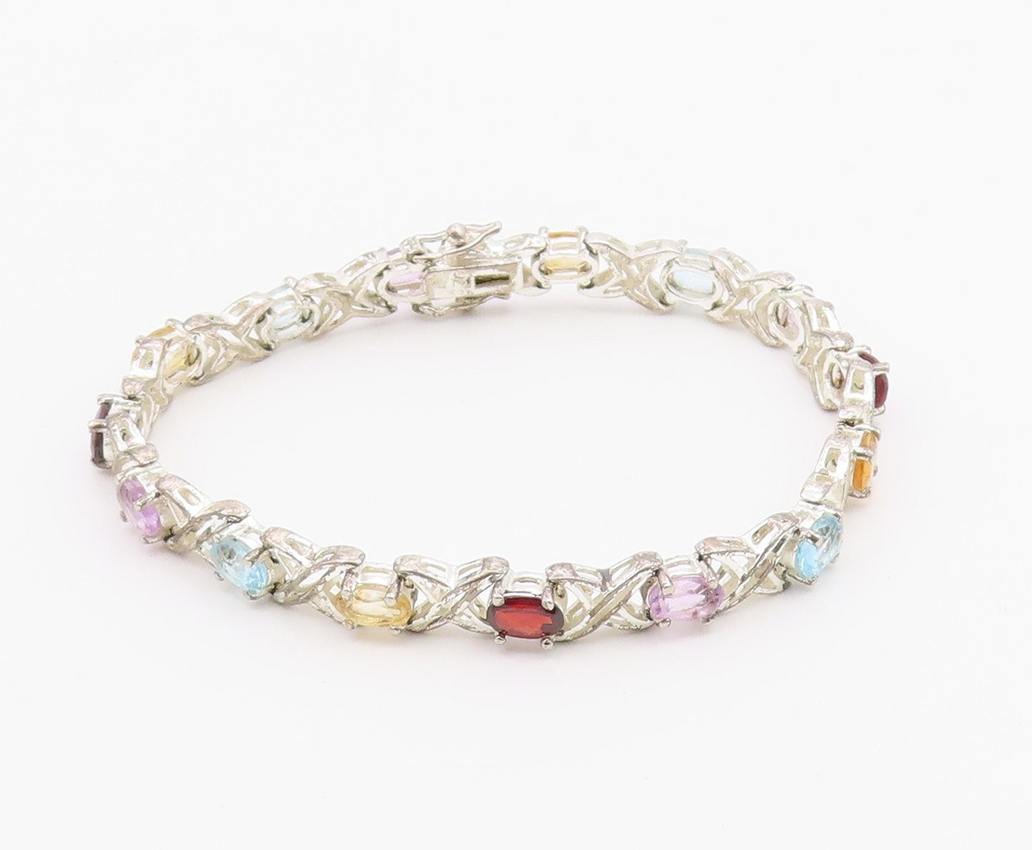 925 Silver  Vintage Topaz Garnet Citrine & Amethyst Chain Bracelet  BT8319