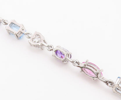 925 Sterling Silver Vintage Necklace Multi Gemstone Tennis Link Chain  NE4899