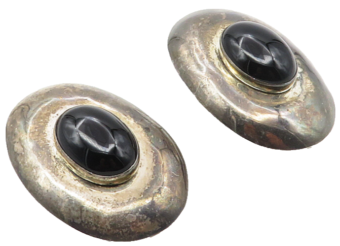 925 Sterling Silver  Cabochon Cut Black Onyx Dark Tone Drop Earrings  EG5181