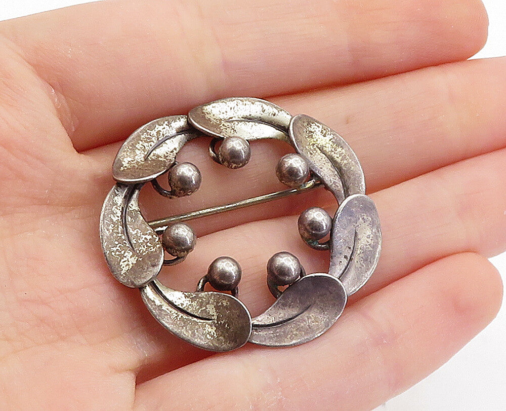 BEAU 925 Sterling Silver  Vintage Oxidized Floral Wreath Brooch Pin  BP2660