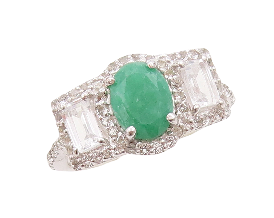 925 Sterling Silver Vintage Ring Modernist Oval Emerald & Topaz  Sz 7.5  RG29752