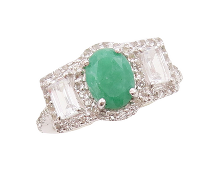 925 Sterling Silver Vintage Ring Modernist Oval Emerald & Topaz  Sz 7.5  RG29752