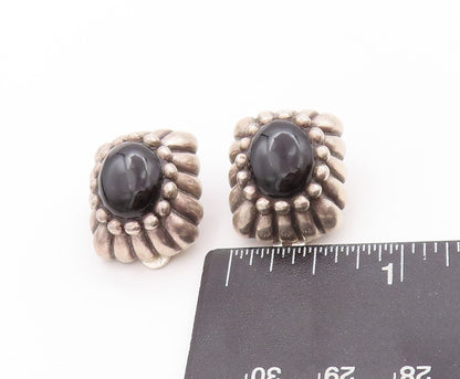 925 Sterling Silver Vintage Earrings Oval Shape Onyx Halo Grooved Design EG13108