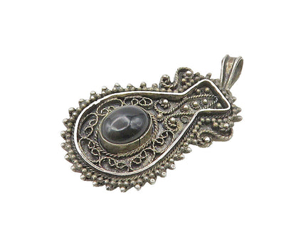 ISRAEL 925 Sterling Silver  Vintage Cabochon Cut Black Onyx Brooch Pin  BP6372