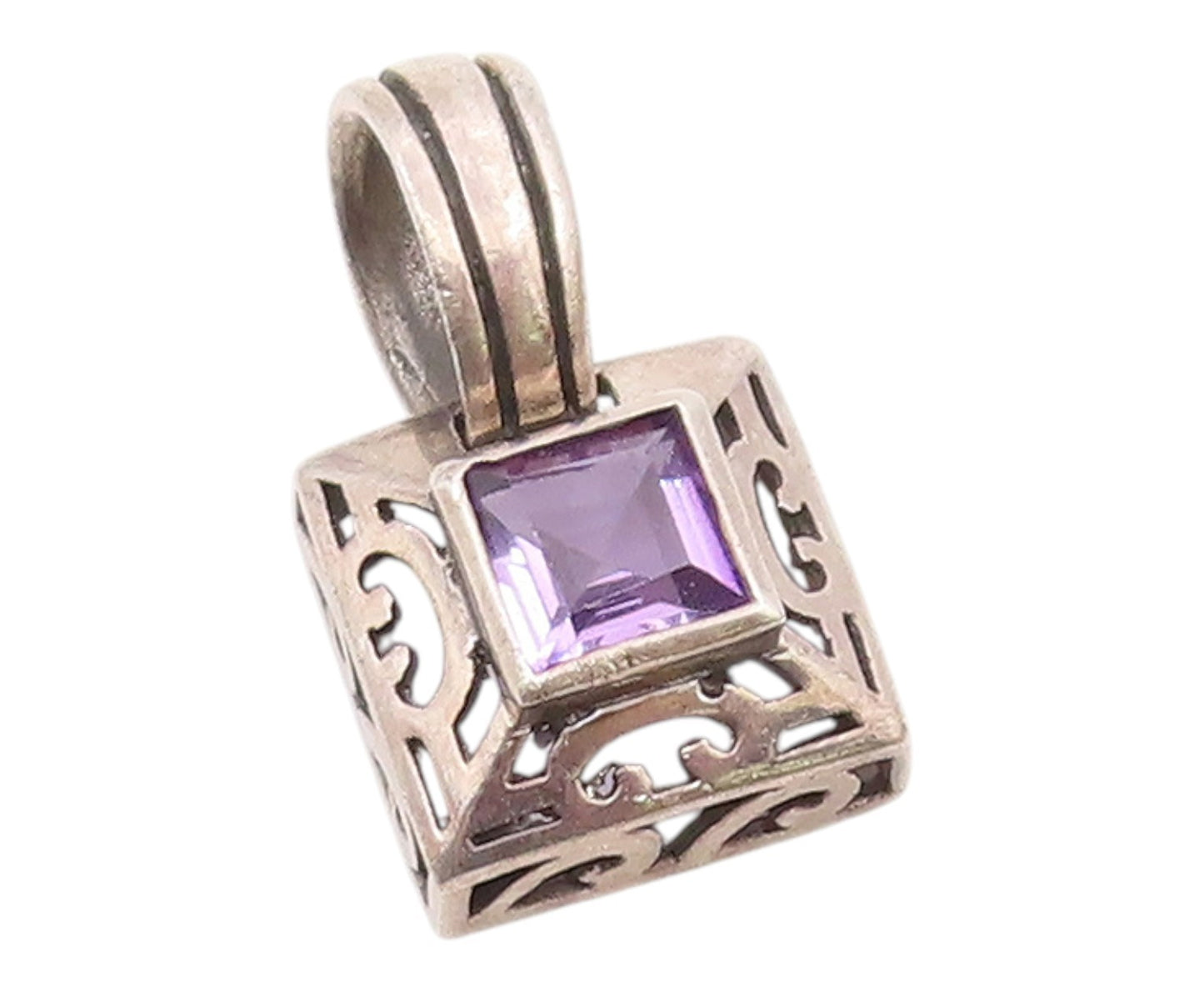 925 Sterling Silver  Vintage Amethyst Cutout Square Dome Pendant  PT17412
