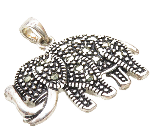 925 Sterling Silver  Vintage Marcasite Elephant Motif Drop Pendant  PT7512