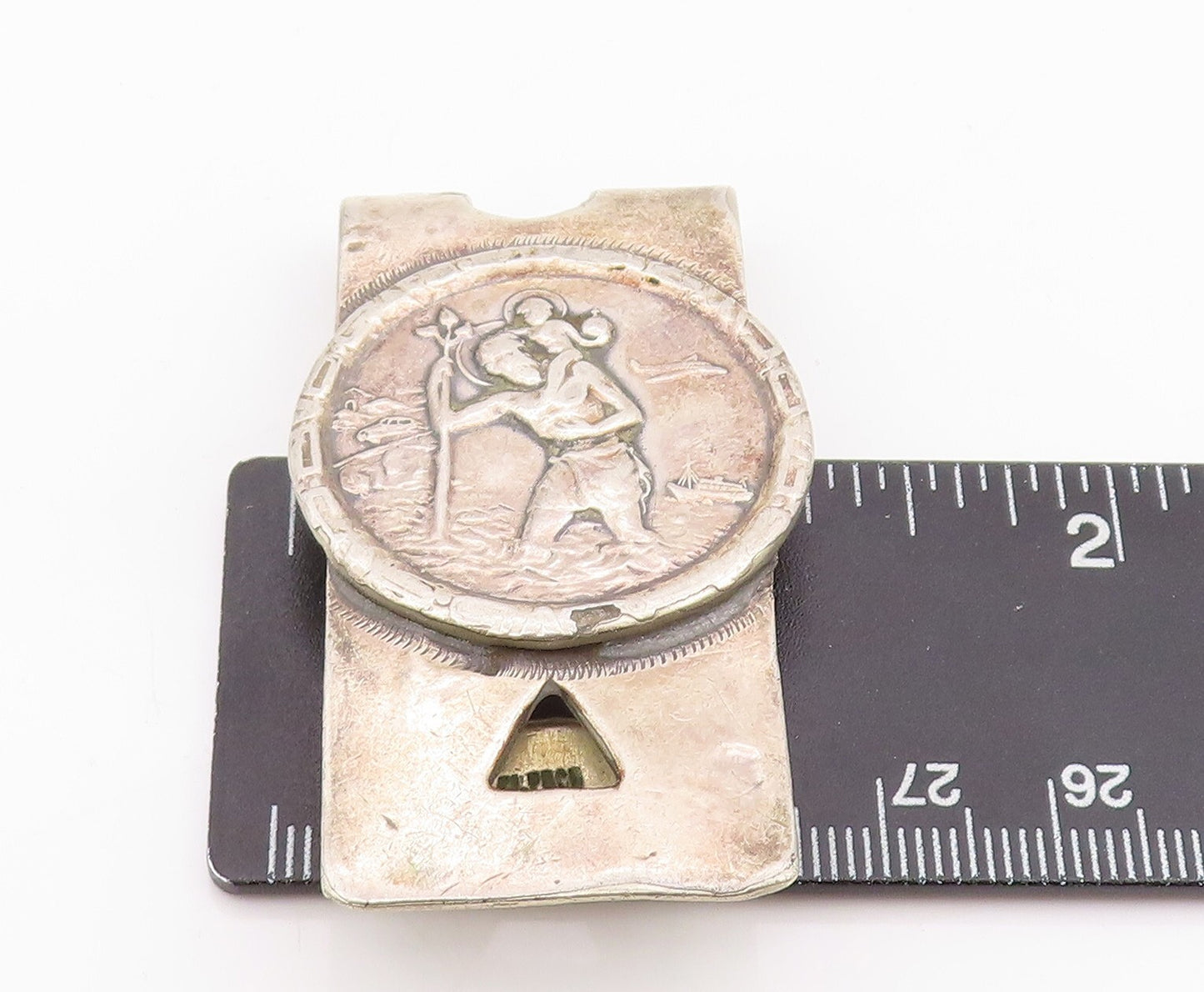 925 Sterling Silver Vintage Money Clip Solid Dark Tone Religious Carved  TR3873