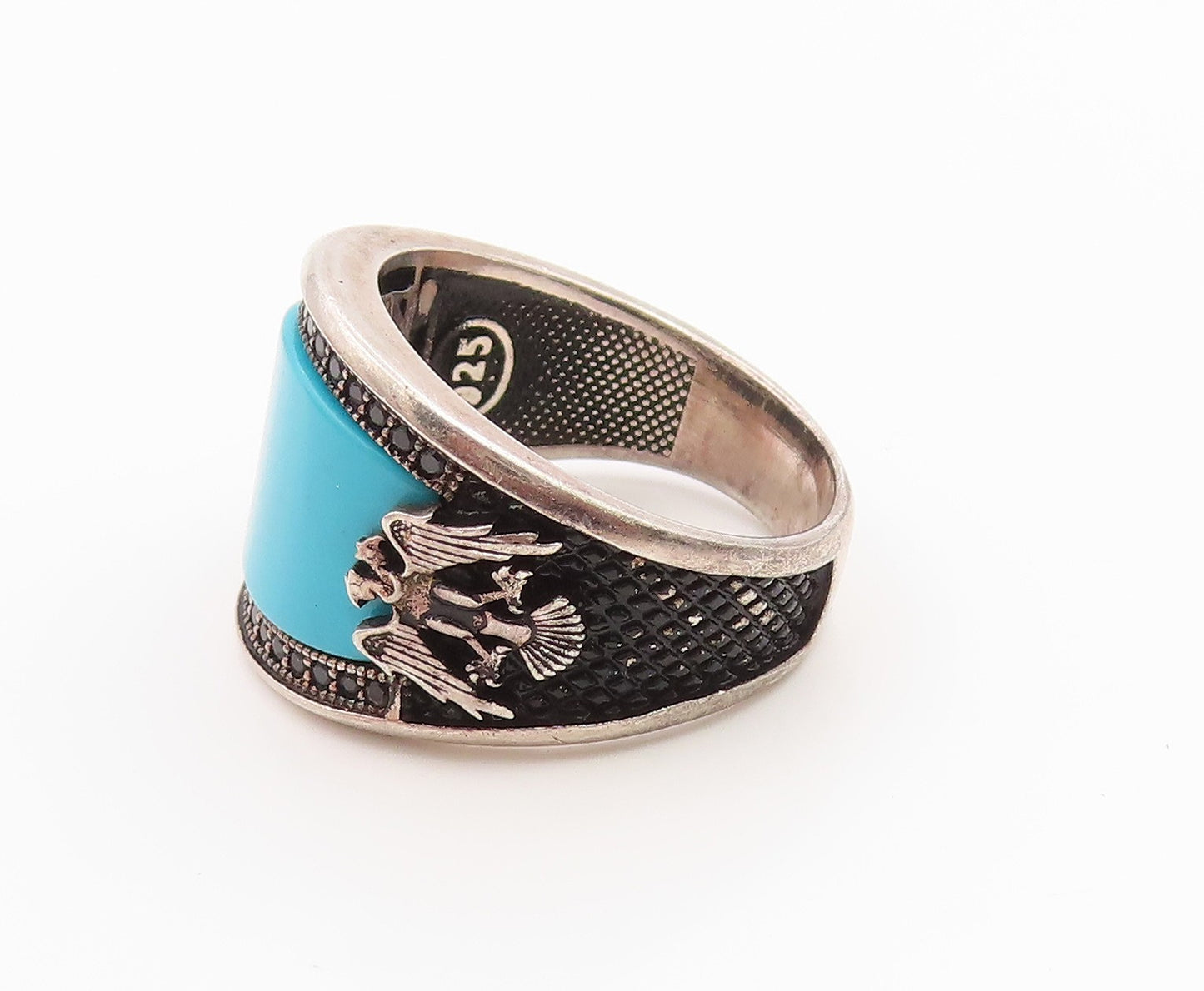 925 Sterling Silver Vintage Ring Turquoise & Spinel Eagle Band  Sz 11  RG36077