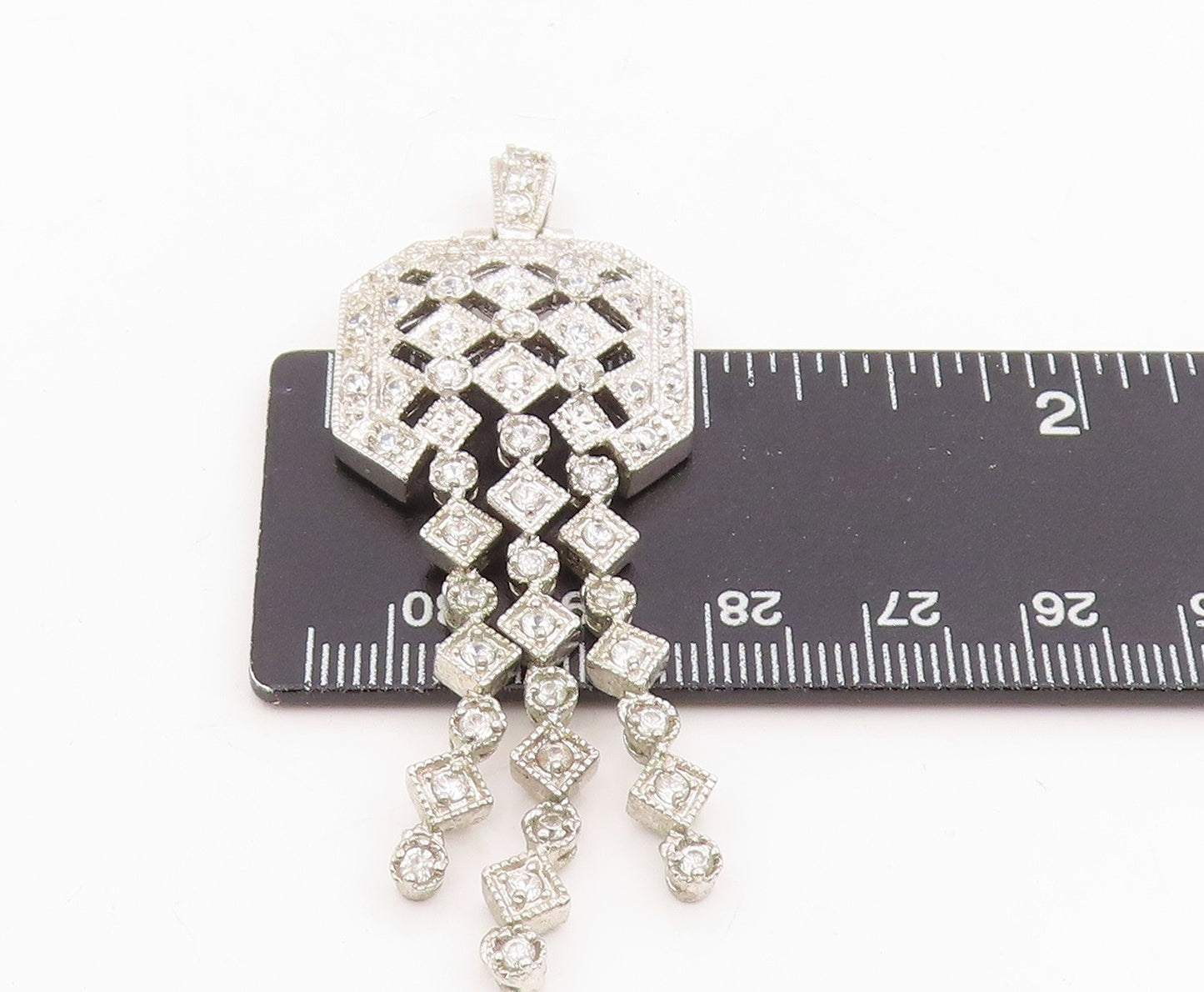 925 Sterling Silver Vintage Pendant Sparkling CZ Geometric Tassel Drop  PT25745