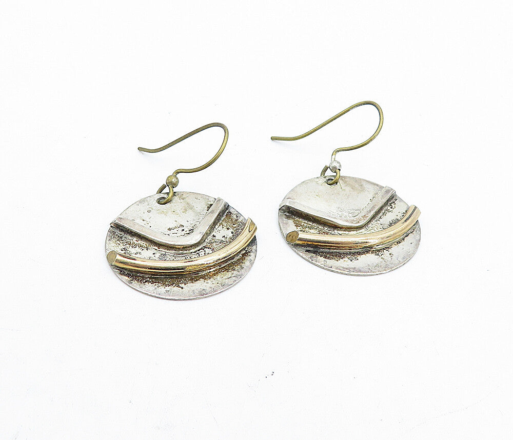 925 Sterling Silver  Vintage Modernist Two Tone Design Dangle Earrings  EG2634