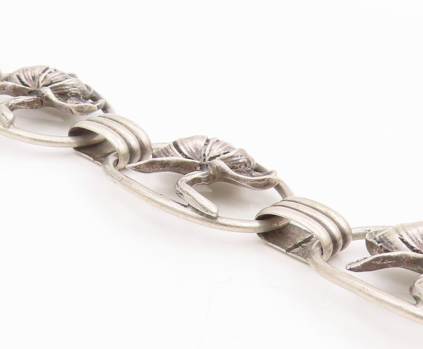 925 Sterling Silver Vintage Bracelet Carved Lotus Botanical Floral Link  BT11669