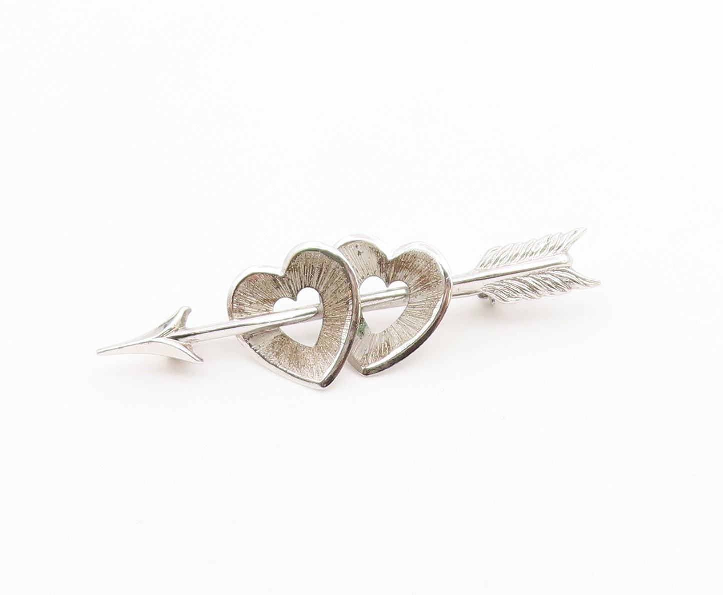 BEAU 925 Silver  Vintage Cupid Arrow Through Love Hearts Brooch Pin  BP9733