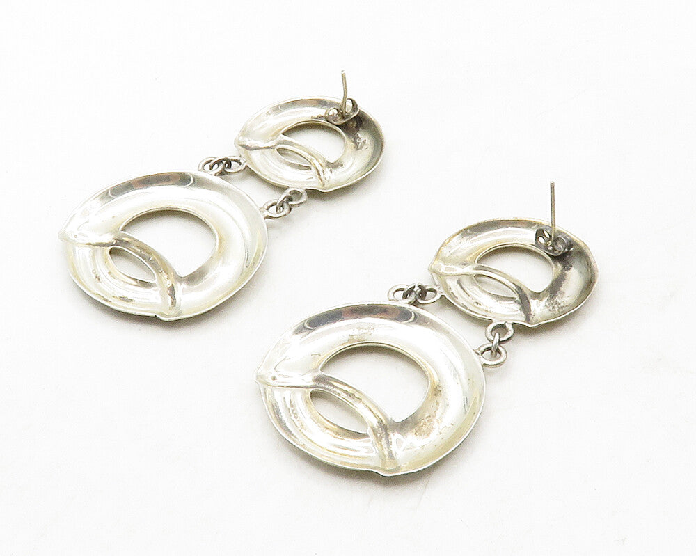 925 Sterling Silver  Vintage Shiny Open Circle Linked Drop Earrings  EG6728