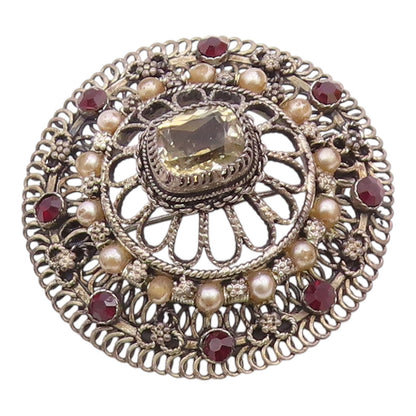 925 Sterling Silver  Vintage Pearls Topaz & Amethyst Floral Brooch Pin  BP3468