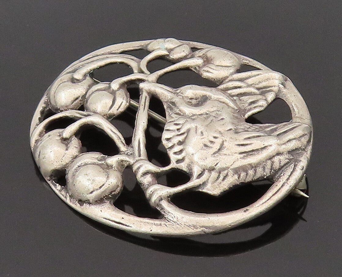 925 Silver  Vintage Antique Garden Bird & Cherries Cutout Brooch Pin  BP10204