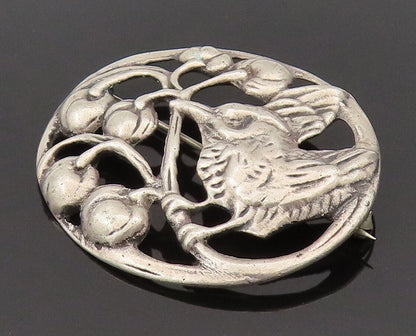 925 Silver  Vintage Antique Garden Bird & Cherries Cutout Brooch Pin  BP10204