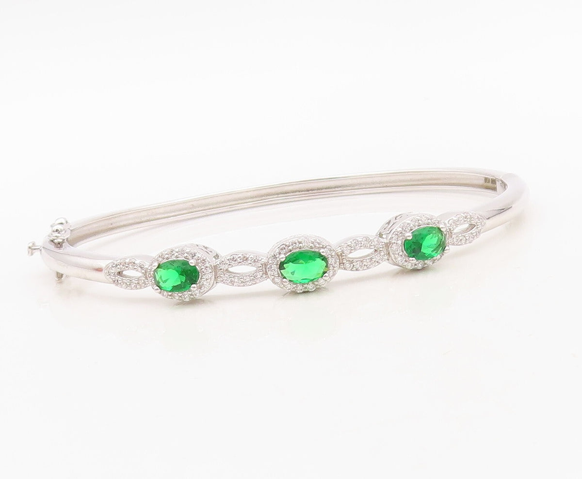 925 Sterling Silver Vintage Bracelet Loop Cutout Green & White CZ Bangle BT10718