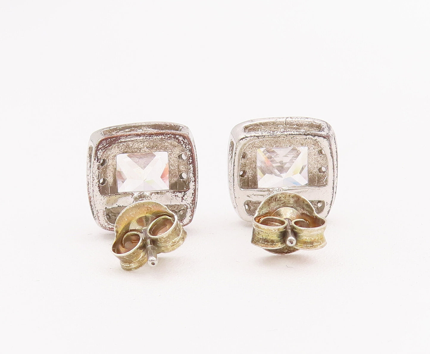 925 Sterling Silver Vintage Earrings Square Cut Halo CZ Band Studs  EG12902