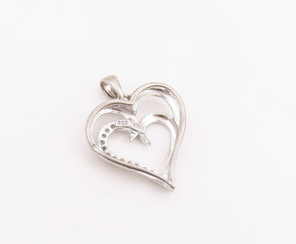925 Sterling Silver Vintage Pendant Genuine Diamonds Double Love Heart  PT25975