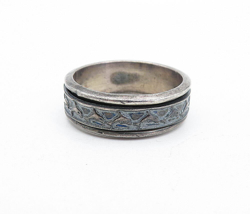 MEXICO 925 Sterling Silver  Vintage Oxidized Dolphin Spinner Ring Sz 10 RG4721
