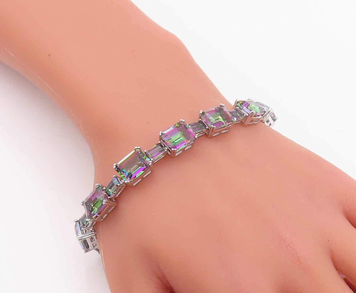925 Sterling Silver Vintage Bracelet Minimalist Rectangle Mystic Topaz  BT10859