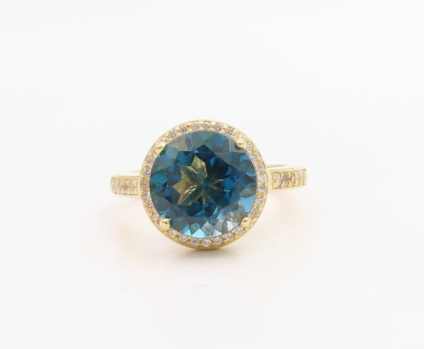 925 Sterling Silver Vintage Ring Gold Plated Blue Halo White CZ  Sz 7  RG30723