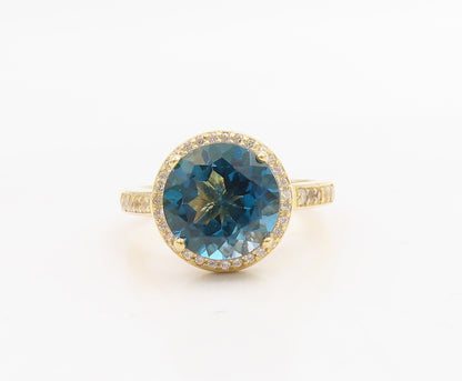 925 Sterling Silver Vintage Ring Gold Plated Blue Halo White CZ  Sz 7  RG30723