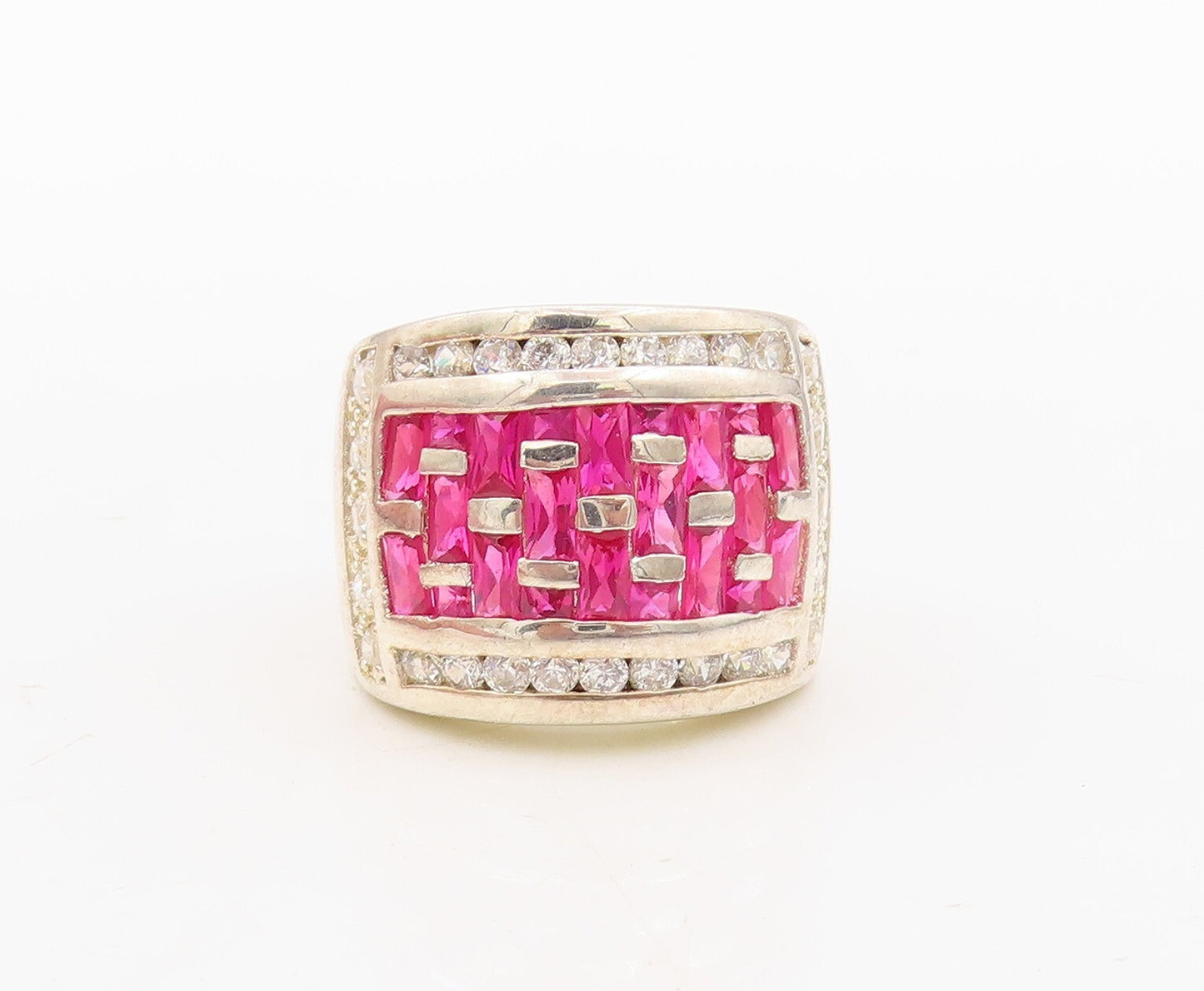 925 Sterling Silver Vintage Ring Designer Pink & White CZ Inlay  Sz 7  RG31113