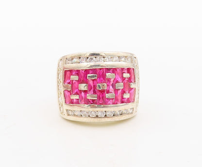 925 Sterling Silver Vintage Ring Designer Pink & White CZ Inlay  Sz 7  RG31113