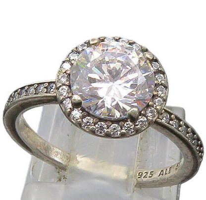 PANDORA 925 Silver  Vintage Cubic Zirconia Solitaire Ring Sz 5.5  RG24090