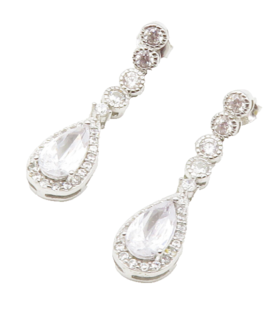 925 Sterling Silver  Shiny Tear Drop Cubic Zirconia Dangle Earrings  EG6442