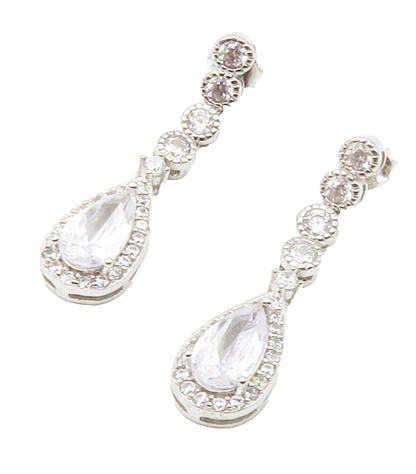 925 Sterling Silver  Shiny Tear Drop Cubic Zirconia Dangle Earrings  EG6442