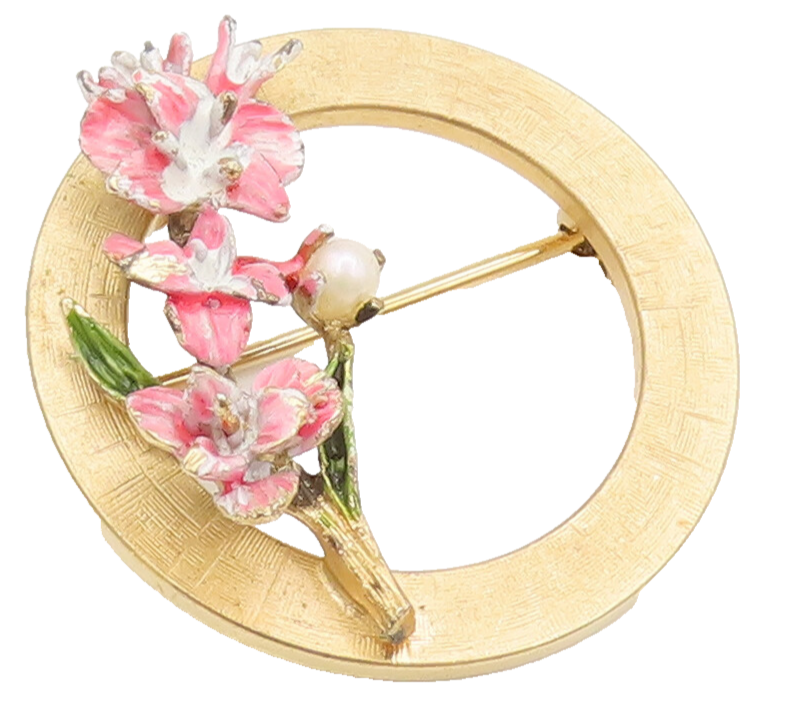12k GOLD 925 Silver  Vintage Pink Enameled Flower Wreath Brooch Pin  BP10400