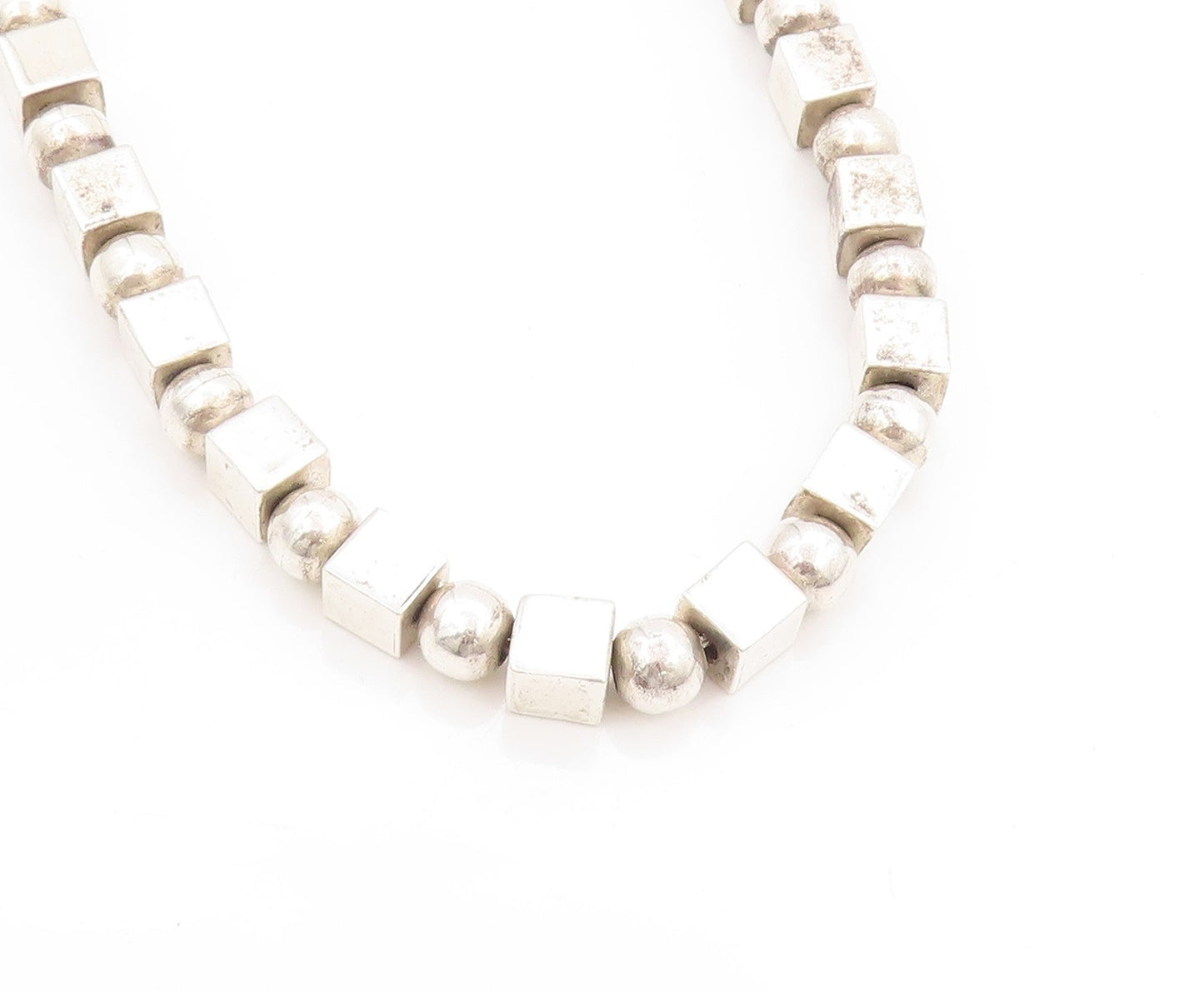 925 Sterling Silver Vintage Necklace Solid Geometric Sphere & Cube Chain  NE4614