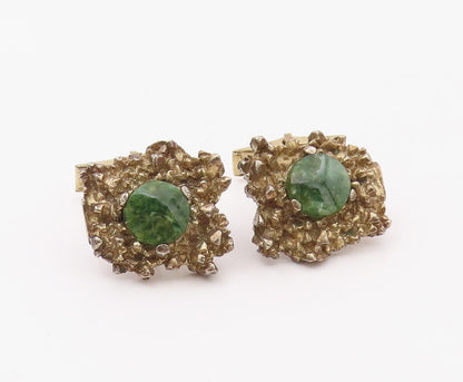 925 Silver  Vintage Gold Plated Brutalist Green Jasper Cuff Links  TR3443