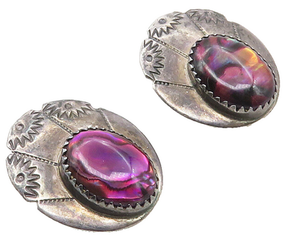 NAVAJO 925 Sterling Silver  Vintage Abalone Shell Etched Drop Earrings  EG5053