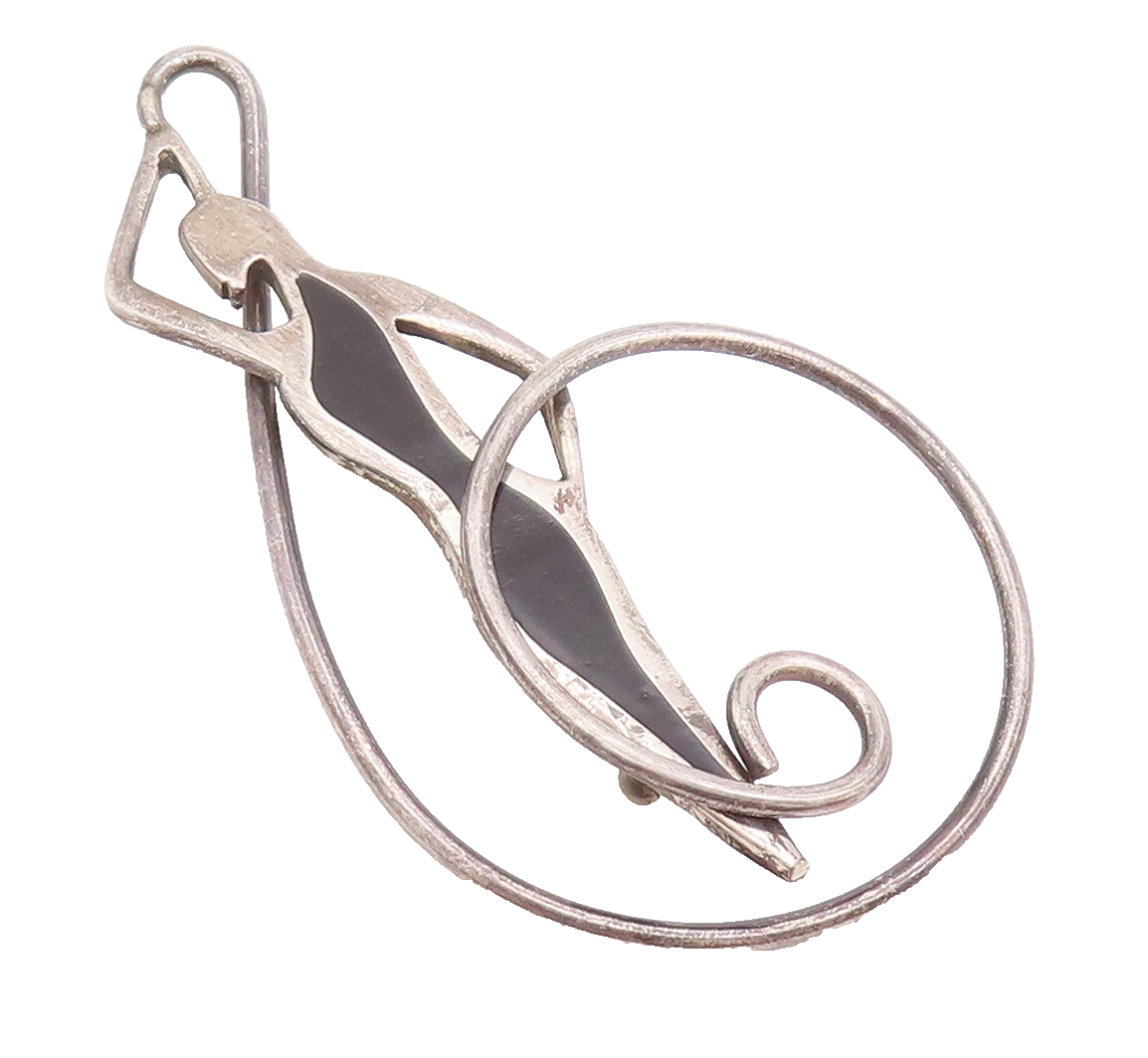925 Sterling Silver Vintage Brooch Pin Relaxing Inlay Onyx Girl On Swirl BP10776