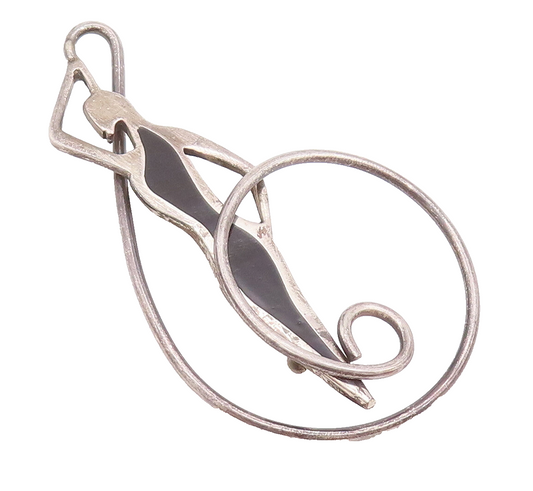 925 Sterling Silver Vintage Brooch Pin Relaxing Inlay Onyx Girl On Swirl BP10776