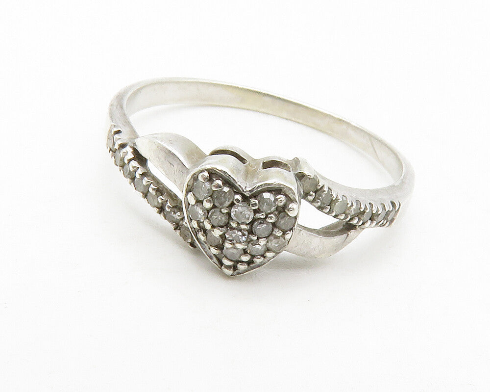 925 Sterling Silver  Vintage Genuine Diamonds Heart Band Ring Sz 8  RG13366