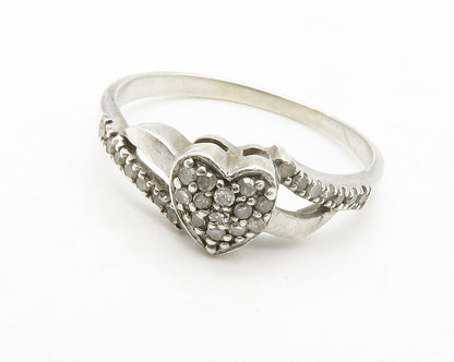 925 Sterling Silver  Vintage Genuine Diamonds Heart Band Ring Sz 8  RG13366